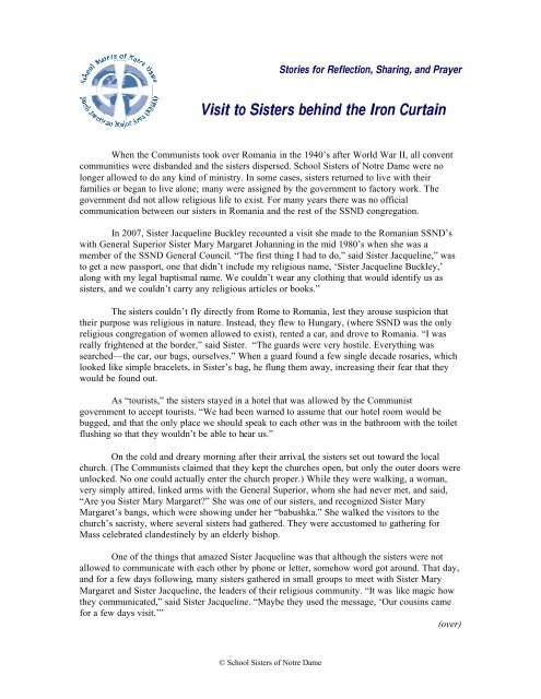 Visit To Sisters Behind The Iron Curtain School Sisters Of Notre