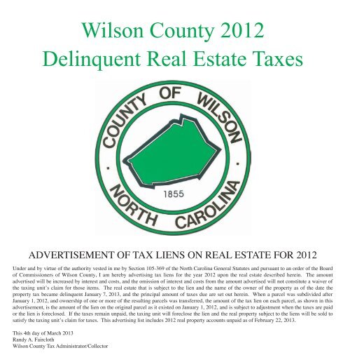Wilson County 2012 Delinquent Real Estate Taxes - The Wilson Times