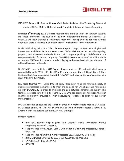 Digilite DIGILITE Ramps Up Production of G41 Series to Meet ... - Digisol.com