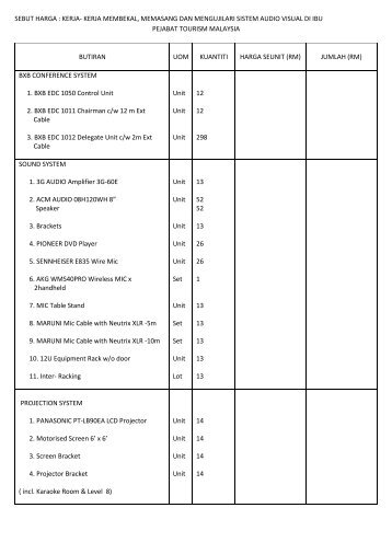 sebut harga : kerja- kerja membekal, memasang ... - Tourism Malaysia