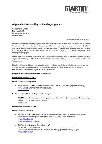 Allgemeine Versandlogistikbedingungen der - Georg Martin GmbH