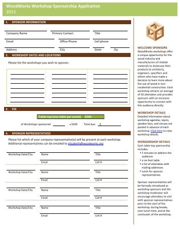 WoodWorks Workshop Sponsorship Application 2013