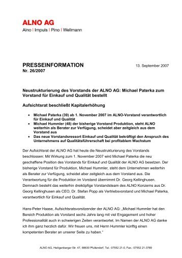 PI ALNO 26 Neustrukturierung Vorstand, KapitalerhÃ¶hung