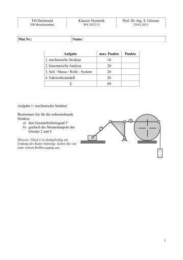 FH Dortmund Klausur Dynamik Prof. Dr.-Ing. S. GÃ¶ssner Mat.Nr ...