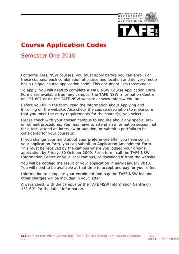 TAFE NSW Course Application Codes - TAFE NSW - Northern ...