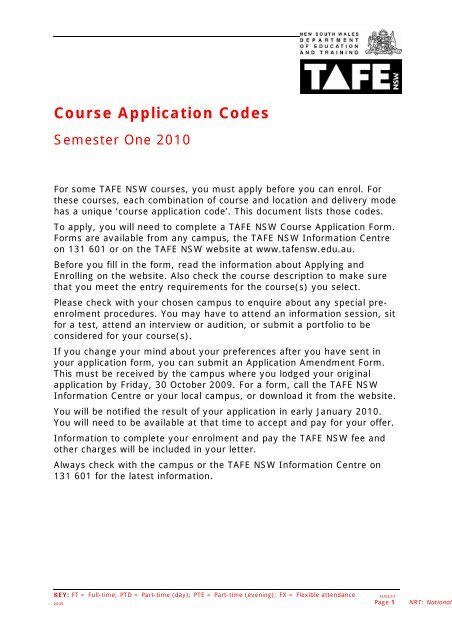 TAFE NSW Course Application Codes - TAFE NSW - Northern ...