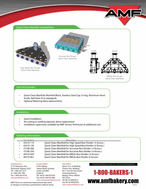 âQuick-Cleanâ Manifold Upgrade Kits - AMF Bakery Systems