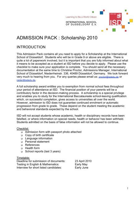 Scholarship documents 2010 - International School of Duesseldorf