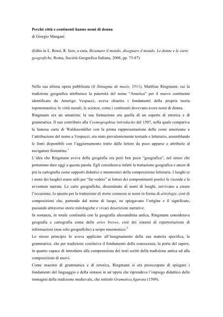 Perché città e continenti hanno nomi di donna, in L. Rossi, R. Izzo, a ...