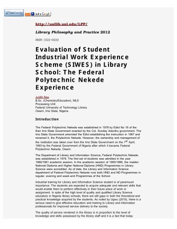 Evaluation of Student Industrial Work Experience Scheme (SIWES ...