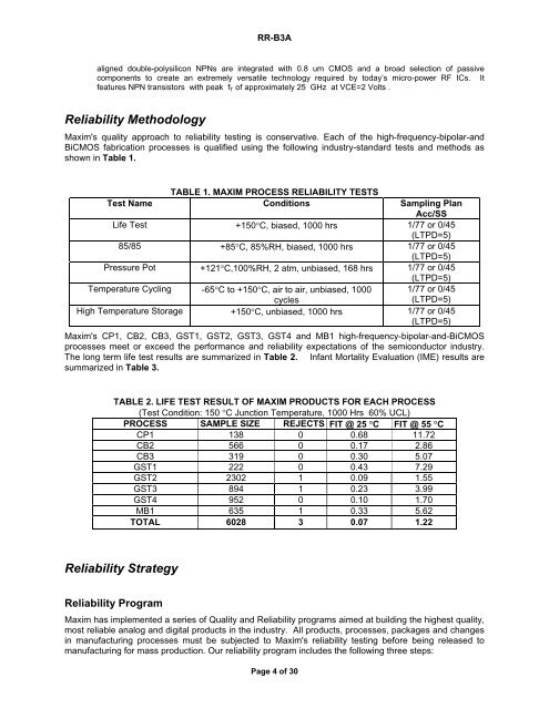 MAXIM High-Speed Bipolar and BiCMOS Process Reliability Report