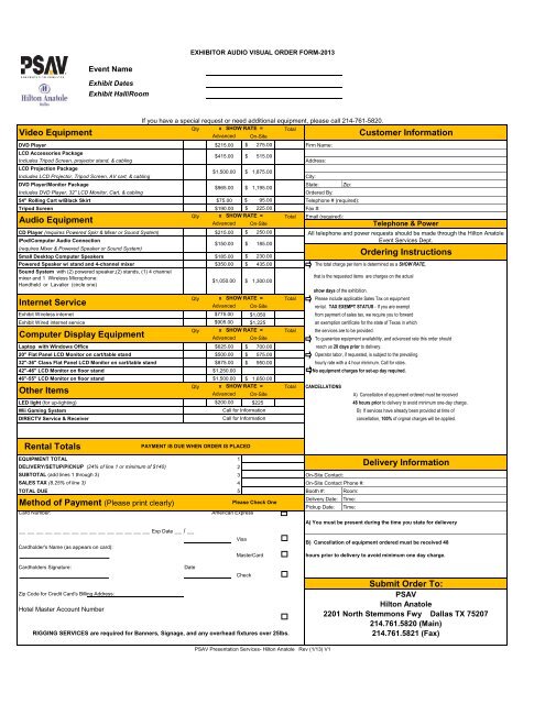 Av Event Form 2013 TAEA Conference - Exhibitor AV Order Form