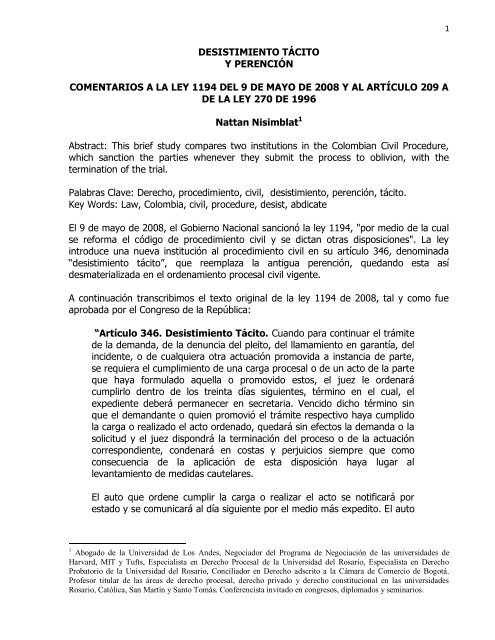 desistimiento tácito y perención comentarios a la ley 1194 del 9 de ...