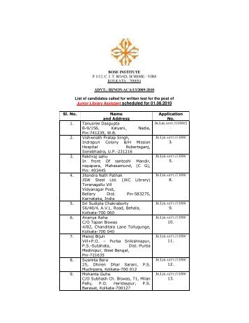 BOSE INSTITUTE P 1/12, C. I. T. ROAD, SCHEME - VIIM KOLKATA ...