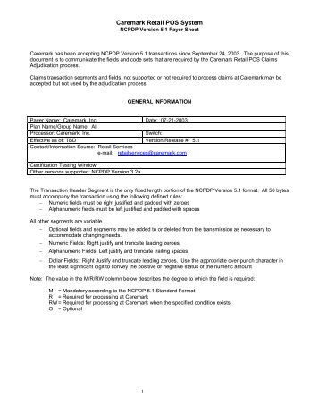 NCPDP 5.1 Payer Sheet - Caremark