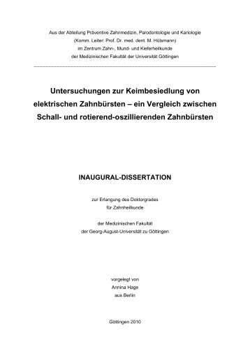 Untersuchungen zur Keimbesiedlung von elektrischen Zahnbürsten ...