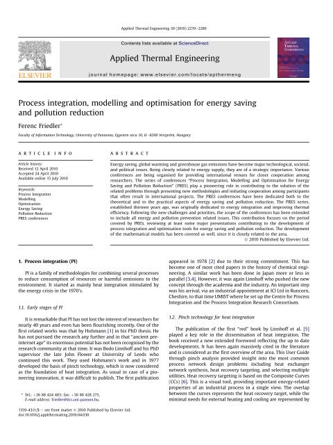 Process Integration Modelling And Optimisation For Energy Saving