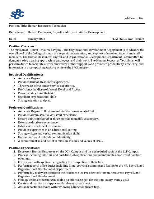 + Job Description Position Title: Human Resources Technician ...