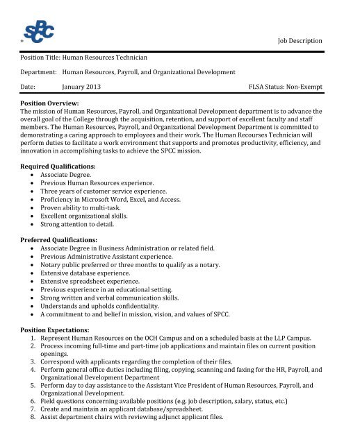 job description position title human resources technician job description of business administration