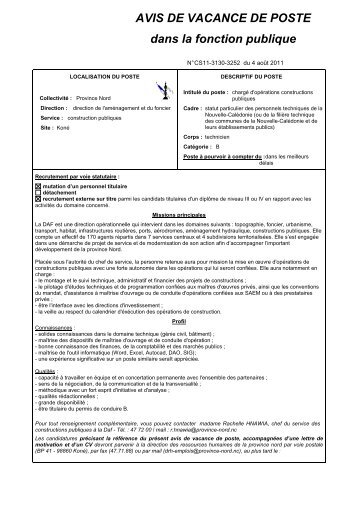 AVIS DE VACANCE DE POSTE dans la fonction ... - Province Nord