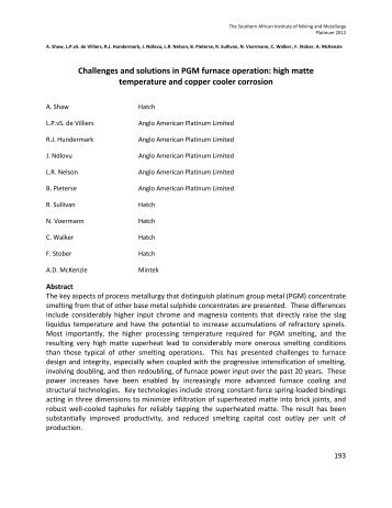 Challenges and solutions in PGM furnace operation: high ... - saimm