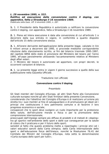 Il testo della legge di Ratifica e della Convenzione - Ufficio per lo Sport