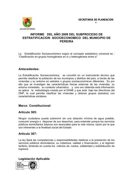 Informe EstratificaciÃ³n aÃ±o 2009. - AlcaldÃ­a de Pereira