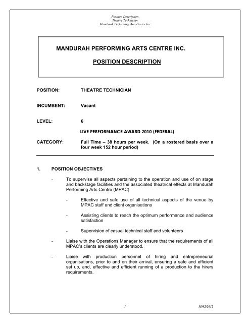 mandurah performing arts centre inc. position description