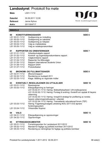 Protokoll fra landsstyremÃ¸te 1-11/12 - Norsk studentorganisasjon