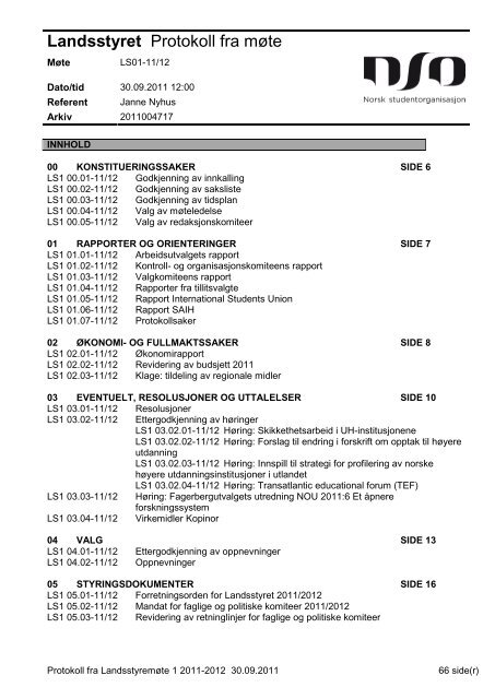 Protokoll fra landsstyremÃ¸te 1-11/12 - Norsk studentorganisasjon