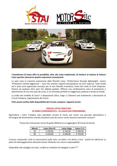 L'Autodromo di Imola offre la possibilitÃ , oltre alla visita ... - STAI