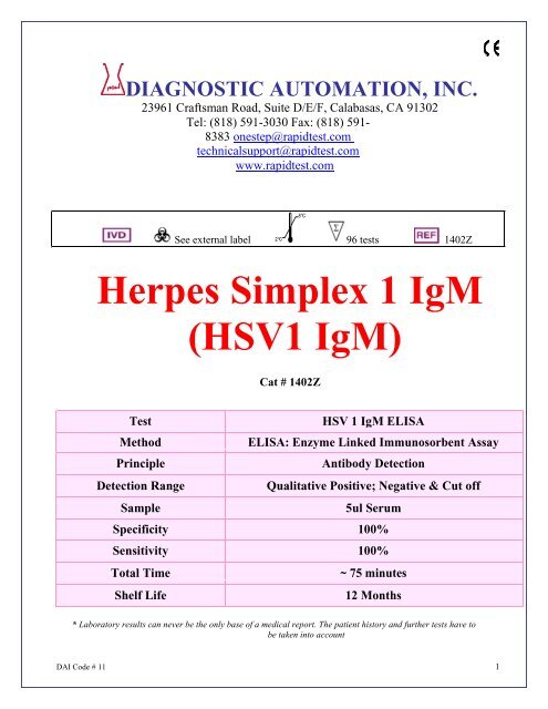 Herpes Simplex 1 IgM (HSV1 IgM) - ELISA kits - Rapid tests