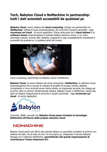 Cloud Computing Italia: Babylon include NoMachine nelle proprie soluzioni cloud