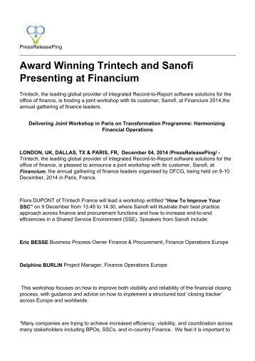 Award Winning Trintech and Sanofi Presenting at Financium