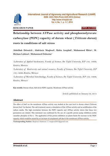 Relationship between ATPase activity and phosphoenolyruvate  carboxylase (PEPC) capacity of durum wheat (Triticum durum)  roots in conditions of salt stress