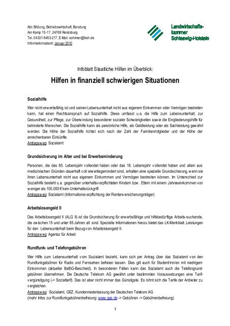 Hilfen in finanziell schwierigen Situationen - Landwirtschaftskammer ...