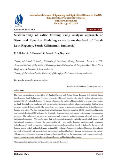 Sustainability of cattle farming using analysis approach of Structural Equation Modeling (a study on dry land of Tanah Laut Regency, South Kalimantan, Indonesia)