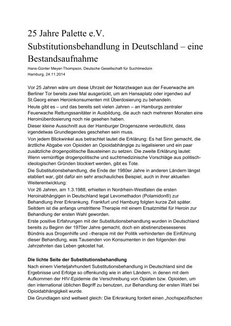 Hans Günter Meyer Thompson Substitutionsbehandlung in Deutschland eine Bestandsaufnahme