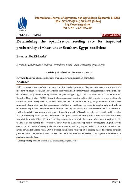 Determining the optimization seeding rate for improved productivity of wheat under Southern Egypt conditions