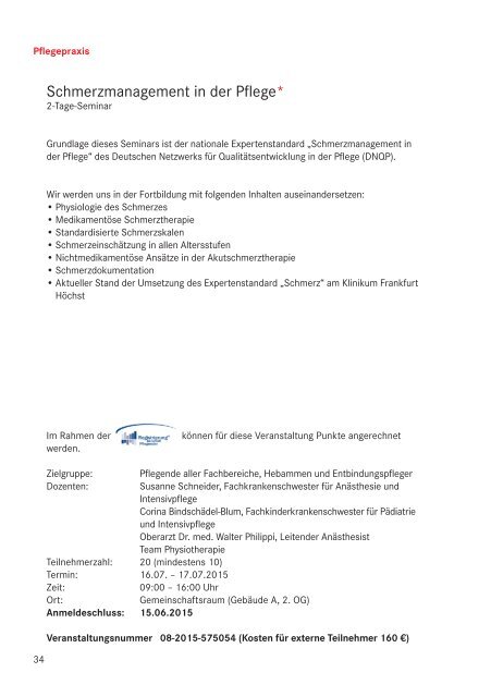 Klinikum Frankfurt Höchst: Kompetenzzentrum Fortbildungsprogramm 2015