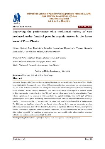 Improving the performance of a traditional variety of yam produced under ferralsol poor in organic matter in the forest areas of Cote d'Ivoire