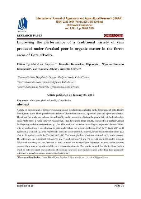 Improving the performance of a traditional variety of yam produced under ferralsol poor in organic matter in the forest areas of Cote d'Ivoire