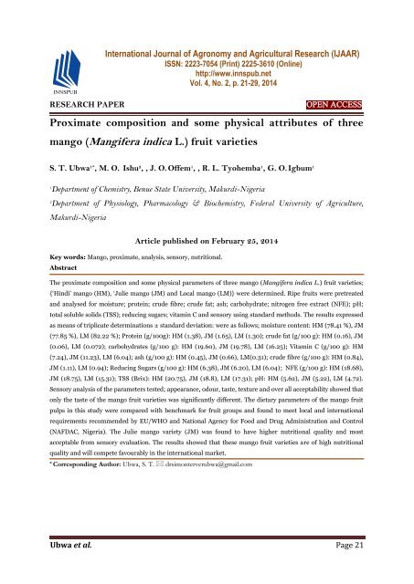Proximate Composition And Some Physical Attributes Of Three Mango Mangifera Indica L Fruit Varieties