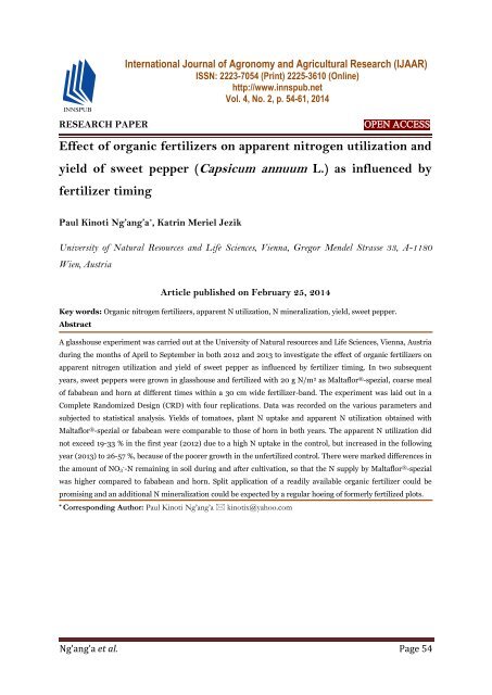 Effect of organic fertilizers on apparent nitrogen utilization and yield of sweet pepper (Capsicum annuum L.) as influenced by fertilizer timing