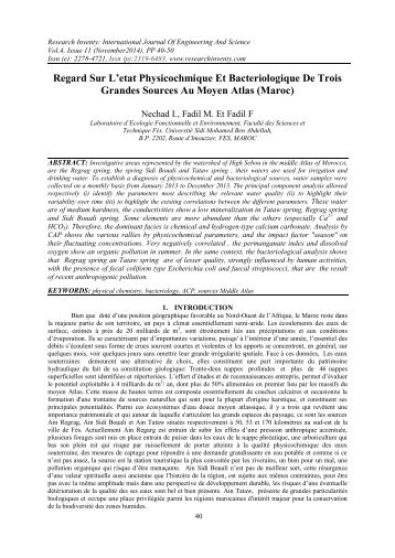 Regard Sur L'etat Physicochmique Et Bacteriologique De Trois Grandes Sources Au Moyen Atlas (Maroc)