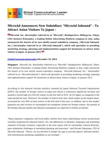 MicroAd Announces New Subsidiary "MicroAd Inbound" - To Attract Asian Visitors To Japan