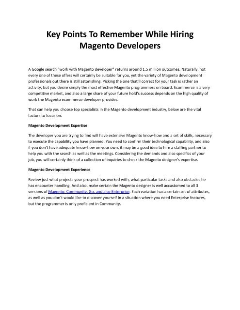 Key Points To Remember While Hiring Magento Developers