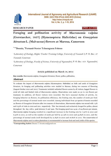 Foraging and pollination activity of Macronomia vulpina (Gerstaecker, 1857) (Hymenoptera: Halictidae) on Gossypium hirsutum L. (Malvaceae) flowers at Maroua, Cameroon