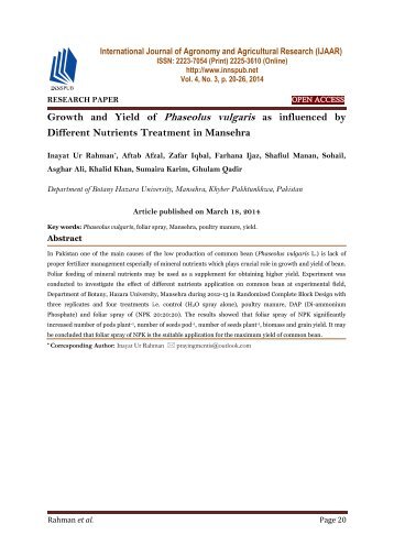 Growth and Yield of Phaseolus vulgaris as influenced by Different Nutrients Treatment in Mansehra