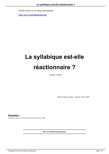 La syllabique est-elle réactionnaire ? - Revue du MAUSS permanente